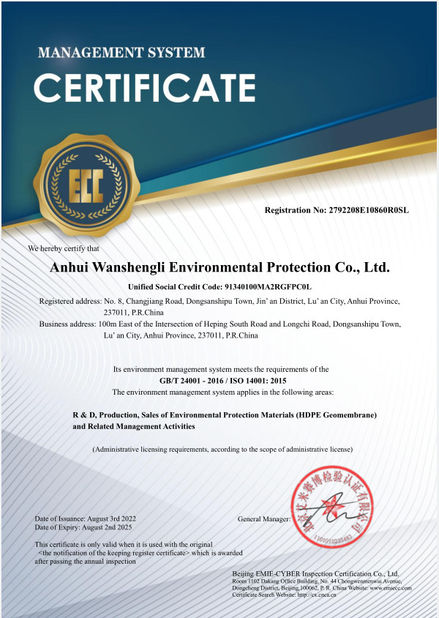 CHINA Anhui Wanshengli Environmental Protection Co., Ltd certificaciones